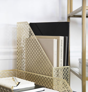Load image into Gallery viewer, Riviera Gold Magazine File Holder - Decorative Magazine Holder for Desk - Metal Magazine Holders for Shelves - Magazine Organizer Bin - Book Holder and File Boxes