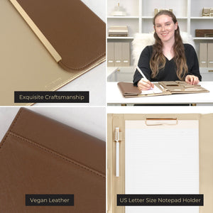 Load image into Gallery viewer, Brown Vegan Leather Portfolio Binder -Padfolio with Magnetic Closure & Gold Trim