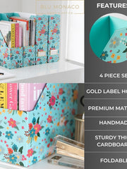 Load image into Gallery viewer, BLU MONACO Floral Magazine Holder Cute Set of 4 Foldable Magazine File Boxes Aqua Floral Pattern with Gold Label Holder- Magazine Rack Desk Organizer, Binder Holder, Vertical File Folder Organizer