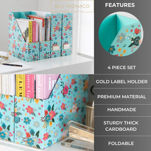 Load image into Gallery viewer, BLU MONACO Floral Magazine Holder Cute Set of 4 Foldable Magazine File Boxes Aqua Floral Pattern with Gold Label Holder- Magazine Rack Desk Organizer, Binder Holder, Vertical File Folder Organizer