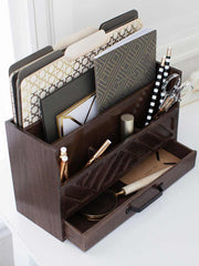 Load image into Gallery viewer, Brown Wooden Mail Organizer with Drawer