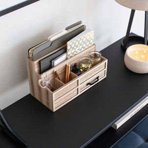 Natural Wood Mail Organizer with Pen Holder and Drawer
