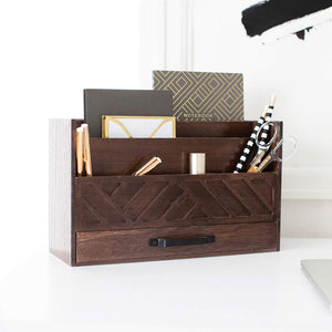 Load image into Gallery viewer, Brown Wooden Mail Organizer with Drawer
