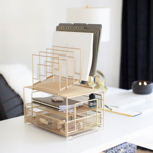 Gold Desk Organizer with File sorters and Drawer