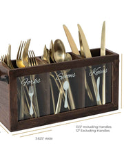 Load image into Gallery viewer, Dark Brown Wooden Cutlery Caddy with Knife, Fork, and Spoon Pictures