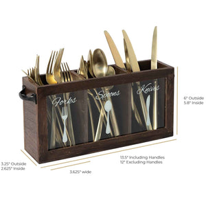 Load image into Gallery viewer, Dark Brown Wooden Cutlery Caddy with Knife, Fork, and Spoon Pictures