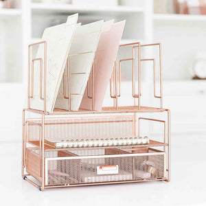 Fontvieille Desk Organizer with File Sorters and Drawer - Rose Gold