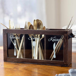 Load image into Gallery viewer, Dark Brown Wooden Cutlery Caddy with Knife, Fork, and Spoon Pictures
