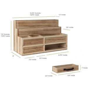 Natural Wood Mail Organizer with Pen Holder and Drawer