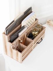 Load image into Gallery viewer, Natural Wood Mail Organizer with Pen Holder and Drawer