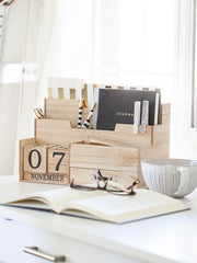 Load image into Gallery viewer, Wooden Mail Organizer Desktop with Block Calendar – Mail Sorter Countertop Organizer – Desk Decorations for Women Office - Blu Monaco