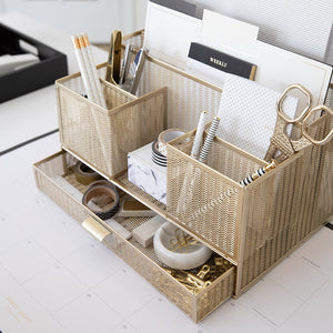 Load image into Gallery viewer, Gold Desk Organizer with Drawer