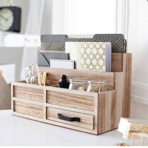 Load image into Gallery viewer, Natural Wood Mail Organizer with Pen Holder and Drawer