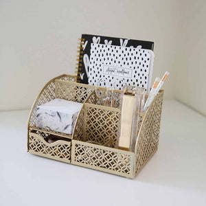Load image into Gallery viewer, Riviera Designer Metal Desk Organizer with Drawer - Gold