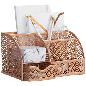 Load image into Gallery viewer, Riviera Designer Metal Desk Organizer with Drawer - Rose Gold