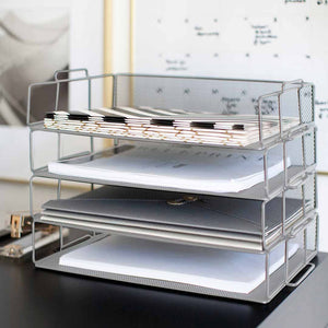 Load image into Gallery viewer, Stackable Paper Trays with Accessory Tray - 4 Tier - Silver Metal Mesh - Letter Size