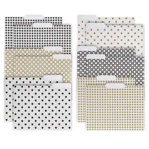 Load image into Gallery viewer, Decorative File Folders - 1/3 Cut Tabs - Letter Size - Set of 12 - 2 Each of 6 Cute Patterns with Gold Foil - (Geometric White Black Gold)