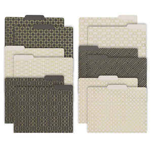 Decorative File Folders - 1/3 Cut Tabs - Letter Size - Set of 12 - 2 Each of 6 Cute Patterns with Gold Foil (Dark Gray and Cream)