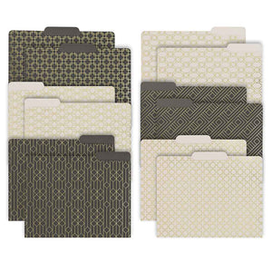 Load image into Gallery viewer, Decorative File Folders - 1/3 Cut Tabs - Letter Size - Set of 12 - 2 Each of 6 Cute Patterns with Gold Foil (Dark Gray and Cream)