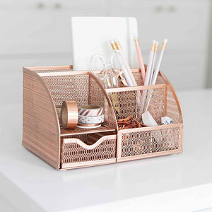 Load image into Gallery viewer, Fontvieille Unique Metal Rose Gold Desk Organizer with Drawer
