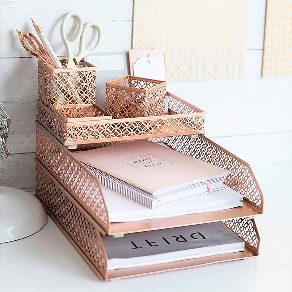 Blu Monaco Office Supplies Rose Gold Desk Accessories for Women-6 Piece Interlocking Stylish Desk Organizer Set- Pen Cup, 3 Accessory Trays