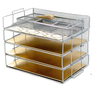 Stackable Paper Trays with Accessory Tray - 4 Tier - Silver Metal Mesh - Letter Size