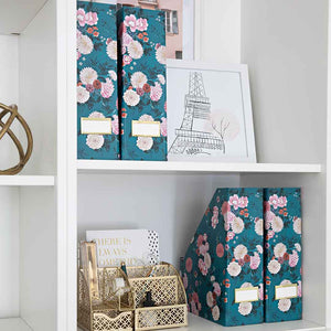 Load image into Gallery viewer, Foldable Magazine File Holder with Gold Label Holder - Set of 4 - Floral and Teal