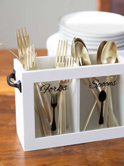 Load image into Gallery viewer, White Wooden Cutlery Caddy with Knife, Fork, and Spoon Pictures