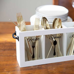Load image into Gallery viewer, White Wooden Cutlery Caddy with Knife, Fork, and Spoon Pictures