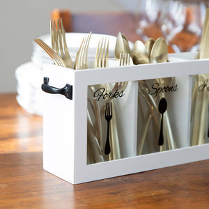 Load image into Gallery viewer, White Wooden Cutlery Caddy with Knife, Fork, and Spoon Pictures