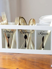 Load image into Gallery viewer, White Wooden Cutlery Caddy with Knife, Fork, and Spoon Pictures