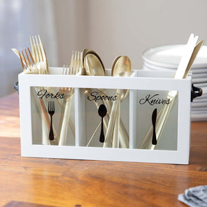 Load image into Gallery viewer, White Wooden Cutlery Caddy with Knife, Fork, and Spoon Pictures