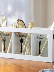 Load image into Gallery viewer, White Wooden Cutlery Caddy with Knife, Fork, and Spoon Pictures