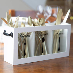 Load image into Gallery viewer, White Wooden Cutlery Caddy with Knife, Fork, and Spoon Pictures