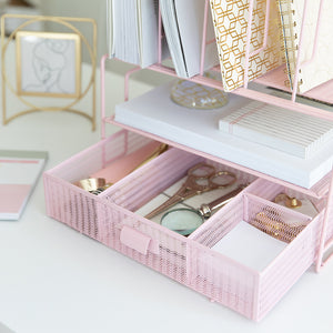 Fontvieille Desk Organizer with File Sorters and Drawer - Pink