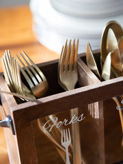 Load image into Gallery viewer, Dark Brown Wooden Cutlery Caddy with Knife, Fork, and Spoon Pictures