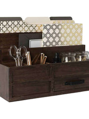 Load image into Gallery viewer, Brown Wood Mail Organizer with Pen Holder and Drawer