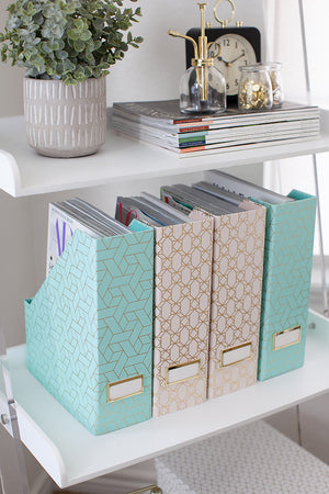 Load image into Gallery viewer, BLU MONACO Set of 4 Foldable Cute Magazine File Holders with Gold Label Holders - 2 Pink and 2 Aqua with Fun Gold Geometric Patterns - Stylish and Durable Magazine Storage for Home and Office
