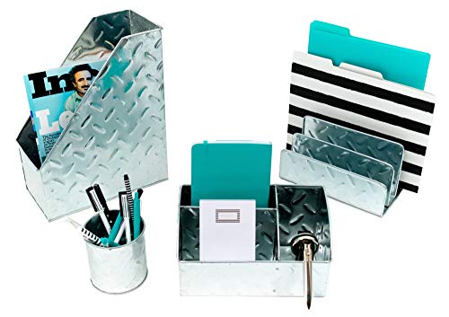 Blu Monaco Chrome Desk Organizer for Men - 4 Piece Desktop Organizer and Accessories Set - Letter - Mail Organizer, Sticky Note Holder, Pen Cup, Magazine File Holder - Galvanized - Chrome Finish