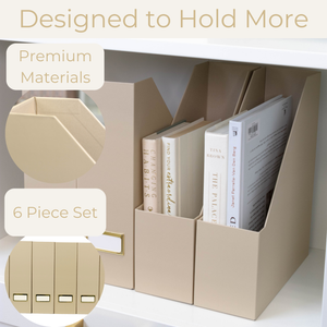 Set of 6 Foldable Magazine File Holders in Taupe with Label Holders