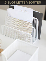 Load image into Gallery viewer, White Metal Mesh Letter Sorter – 3-Slot Mail Organizer for Desk, Office &amp; Home
