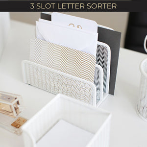 White Metal Mesh Letter Sorter – 3-Slot Mail Organizer for Desk, Office & Home