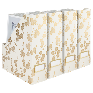 BLU MONACO Decorative Foldable Magazine Storage Boxes for Desk Set of 4 with Gold Floral Pattern and Gold Label Holder - Ideal Book Boxes or Vertical File Organizer Make Bookshelf Organization Easy