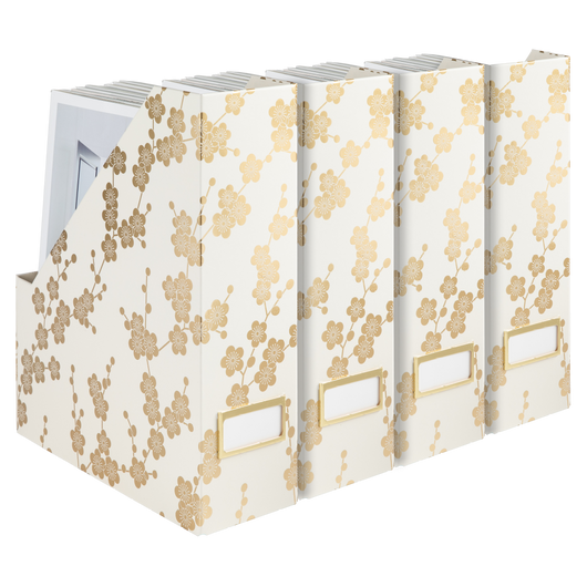 BLU MONACO Decorative Foldable Magazine Storage Boxes for Desk Set of 4 with Gold Floral Pattern and Gold Label Holder - Ideal Book Boxes or Vertical File Organizer Make Bookshelf Organization Easy