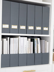 Load image into Gallery viewer, BLU MONACO Foldable Grey Magazine File Holder with Gold Label Holder - Set of 6 Cardboard Magazine File Boxes Desk File Organizer
