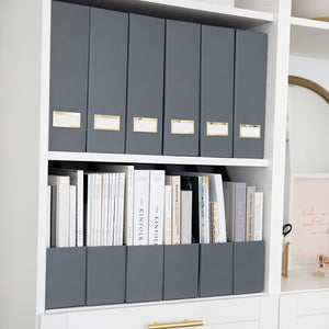 BLU MONACO Foldable Grey Magazine File Holder with Gold Label Holder - Set of 6 Cardboard Magazine File Boxes Desk File Organizer