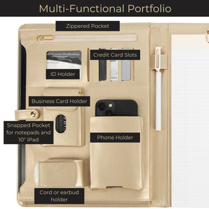 Load image into Gallery viewer, Brown Vegan Leather Portfolio Binder -Padfolio with Magnetic Closure &amp; Gold Trim
