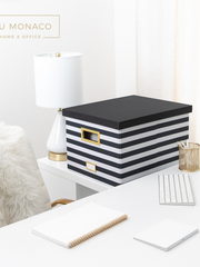 Load image into Gallery viewer, Black and White Striped Foldable File Storage Box with Lid, Gold Accents, and Black Metal Rods - Stylish and Functional File Organizer for Letter and Legal-Size Hanging File Folders - Office Storage