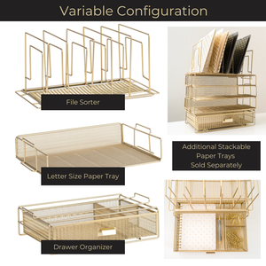 Load image into Gallery viewer, Gold Desk Organizer - Gold Desk Accessories for Women Office Set Includes Detachable File Organizer, Stackable Paper Tray, Stackable Drawer - Gold Office Supplies for Desk Gold File Organizer for Desk
