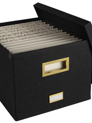 Load image into Gallery viewer, Black Foldable File Storage Box with Lid, Gold Accents, and Metal Rods for Legal or Letter size hanging files - Stylish and Functional File Organizer for Office and Home - Hanging File Storage Box